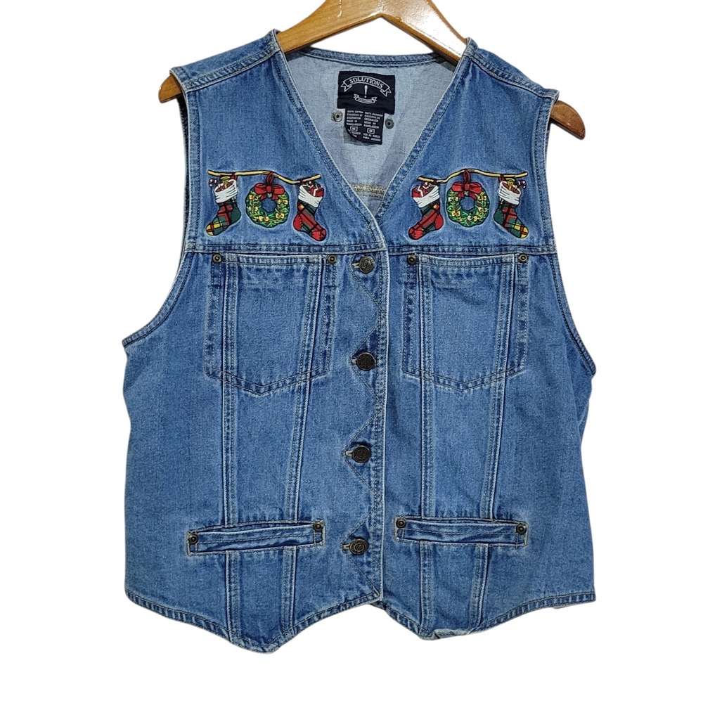 Solutions Denim Christmas Vest Womens Medium Blue Embroidered JOY Button Up Vtg